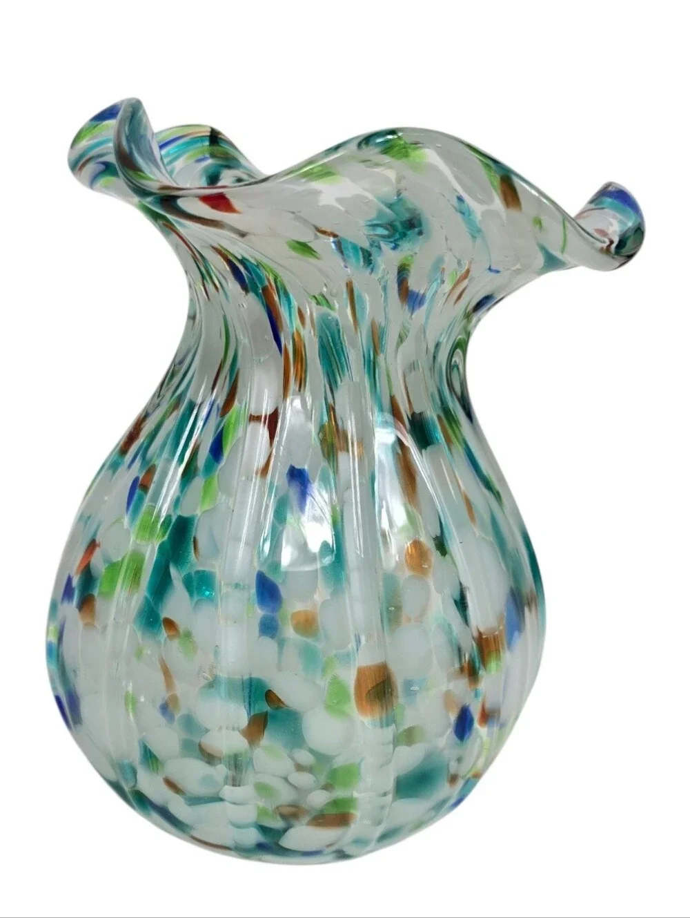 Hand Blown Art Glass Vase Ruffled Rim Confetti Frit Aqua Blue White 7.5